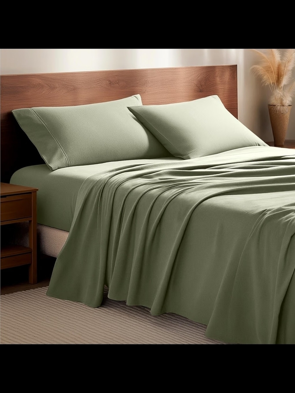 Bare Soft Flannel  Sage Green Bed Sheet Set - Home Bedding Queen Size